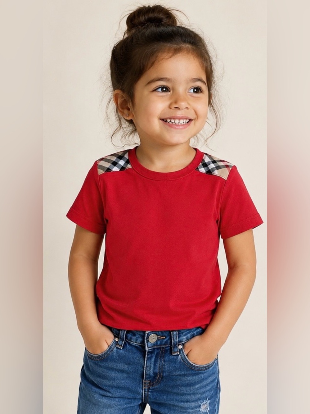 Burberry Red Girls' Short-Sleeve Tee with Signature Plaid Shoulders